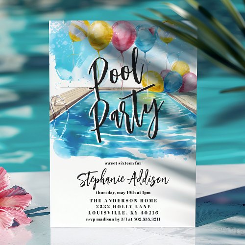 Summer Pool Party Watercolor Sweet 16 Birthday Invitation