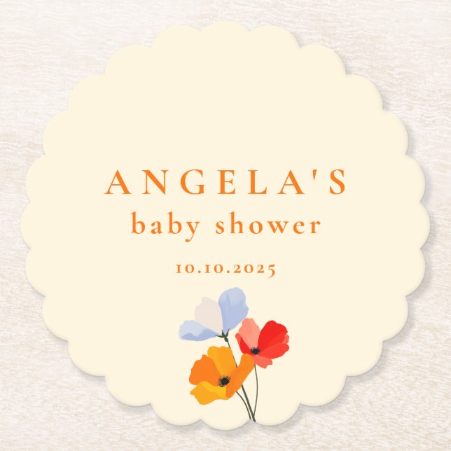 Summer Poppy Baby Shower Paper Coaster (Front)