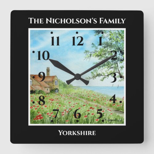 Summer Poppy Field Landscape Watercolor Black Square Wall Clock