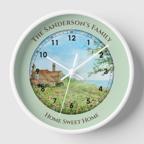 Summer Poppy Field Landscape Watercolor Numeral Clock