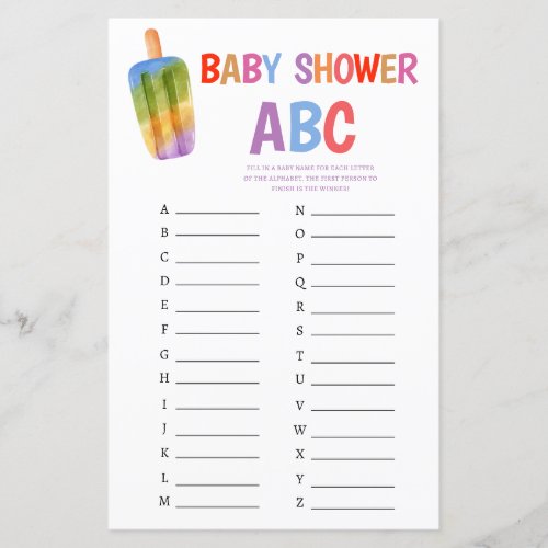 Summer Popsicle Baby Shower Game ABC