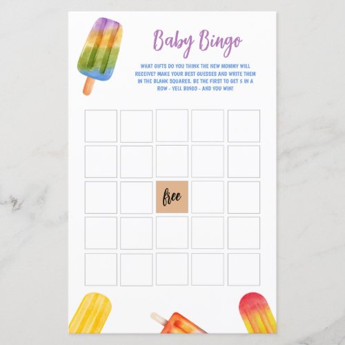 Summer Popsicle Baby Shower Game BINGO