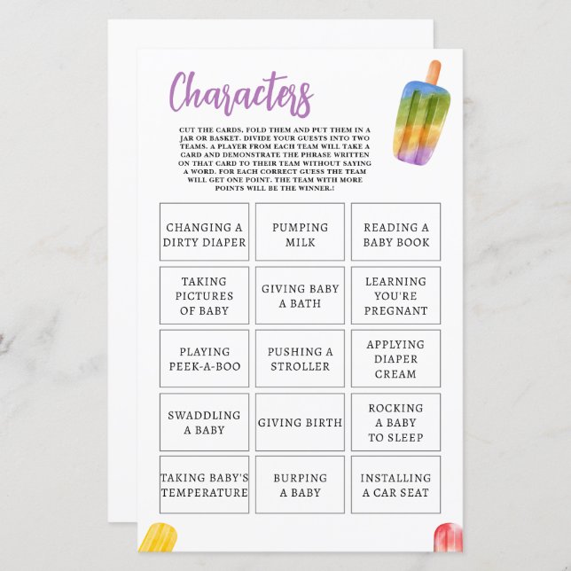 Summer Popsicle Baby Shower Game Characters (Front/Back)