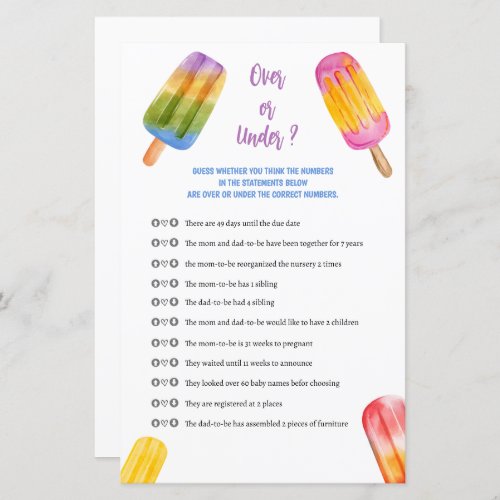 Summer Popsicle Baby Shower Game Over Or Under