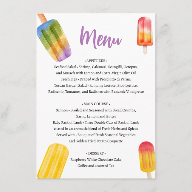 Summer Popsicle Baby Shower Menu (Front)
