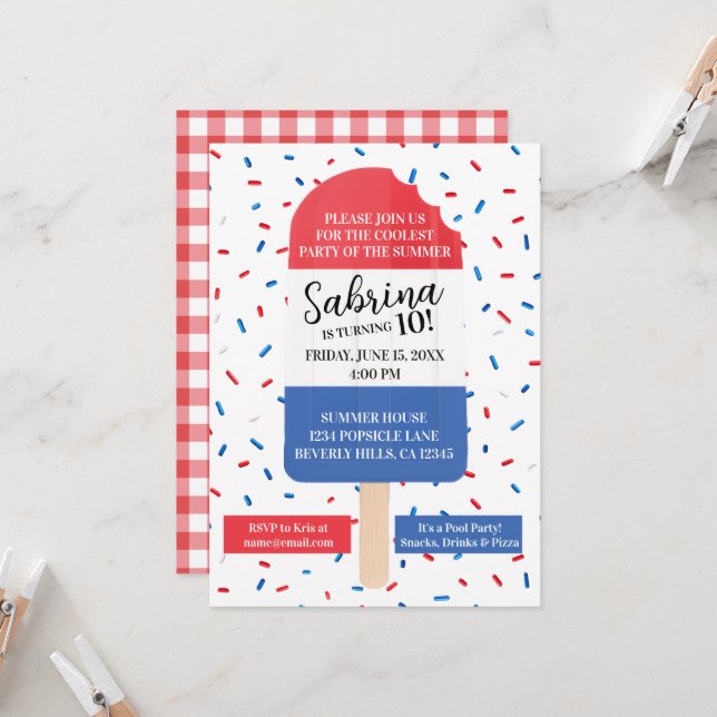 Summer Popsicle Birthday  (red, white & blue) Invitation (Front/Back In Situ)