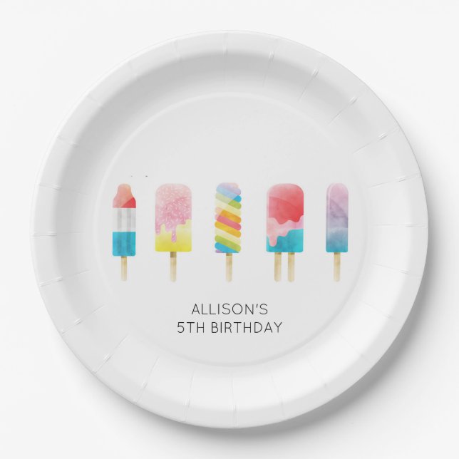 Summer popsicle ice cream birthday party paper plates (Front)