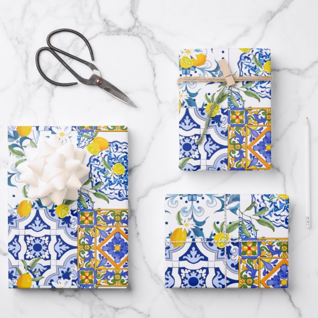 Summer ,Portuguese tiles ,citrus,lemons Mediterran Wrapping Paper Sheets (Front)