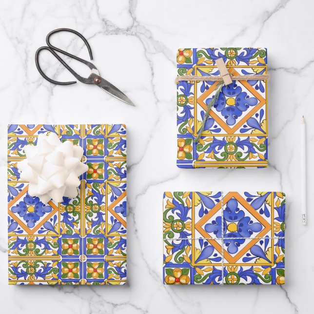 Summer ,Portuguese tiles ,citrus,lemons  Wrapping Paper Sheets (Front)
