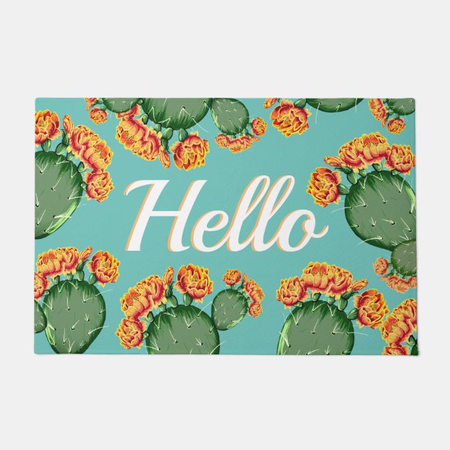 Summer Prickly Pear Cactus & Flowers Hello Doormat (Front)