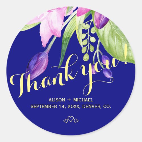 Summer purple navy floral wedding thank you classic round sticker