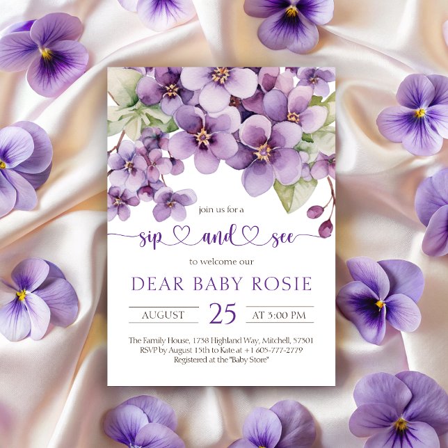 Summer Purple Violet Flowers Baby Sip and See Invitation (Summer Purple Violet Flowers Baby Sip and See Invitation)