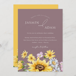 Summer Purple Yellow Sunflowers Floral Wedding Invitation