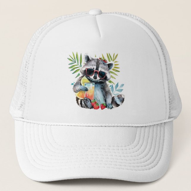 Summer raccoon in sunglasses beach chillout trucker hat (Front)