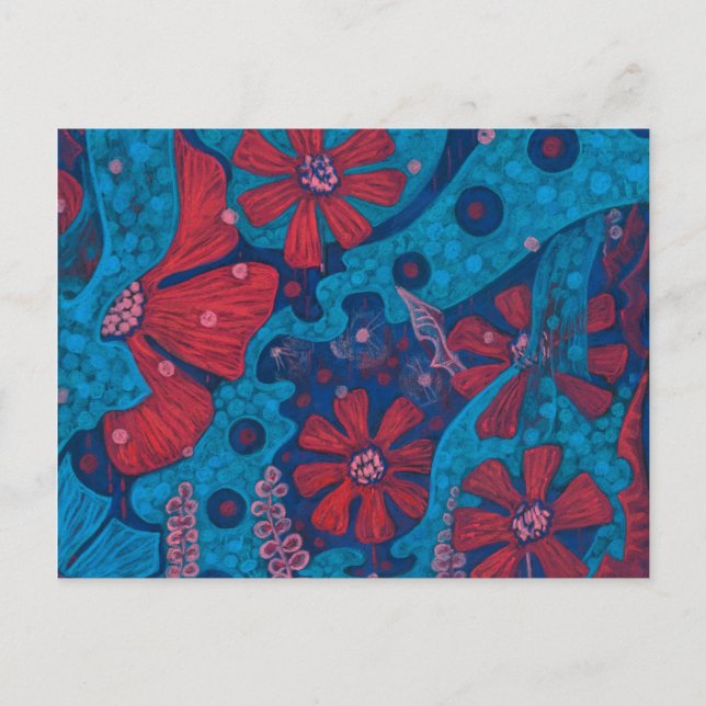 Summer Rain Fantasy Flowers Blue Pink Floral Art Postcard (Front)