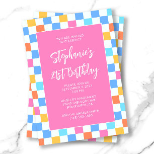 Summer Rainbow Check Bold 21st Birthday Invitation