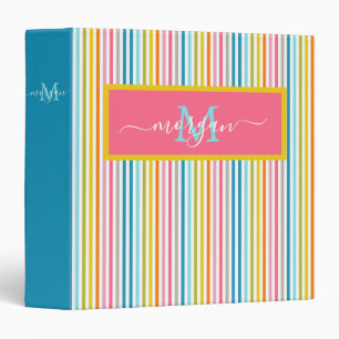 Summer Rainbow Stripes Monogram Script 3 Ring Binder
