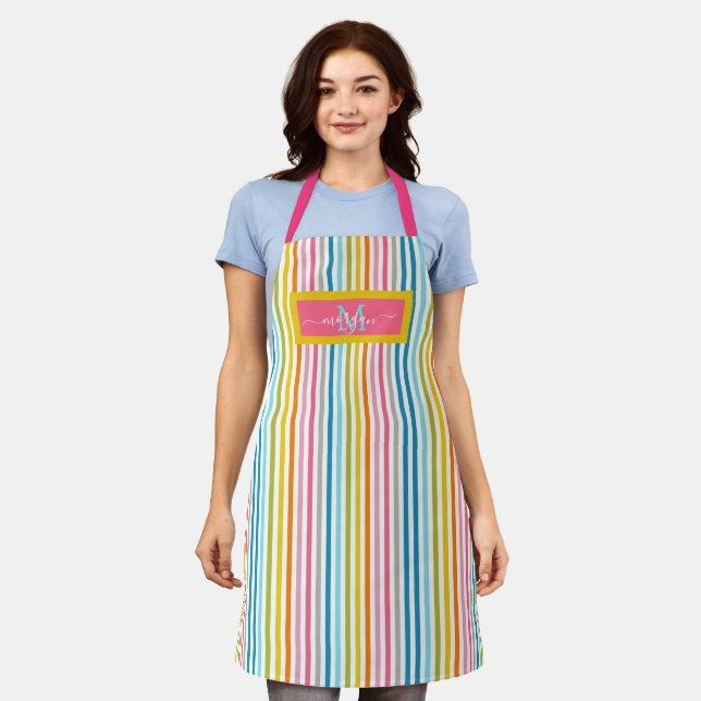 Summer Rainbow Stripes Monogram Script Apron (Worn)