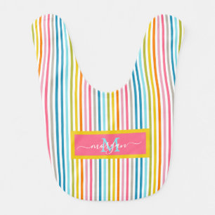 Summer Rainbow Stripes Monogram Script Baby Bib