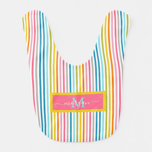 Summer Rainbow Stripes Monogram Script Baby Bib (Front)