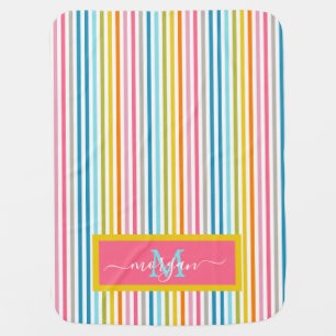 Summer Rainbow Stripes Monogram Script Baby Blanket