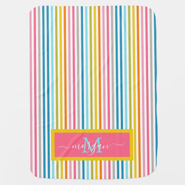 Summer Rainbow Stripes Monogram Script Baby Blanket (Front)
