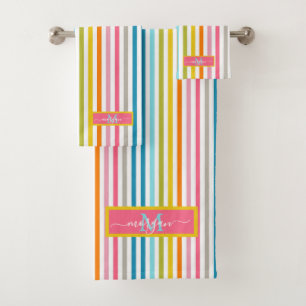 Summer Rainbow Stripes Monogram Script Bath Towel Set