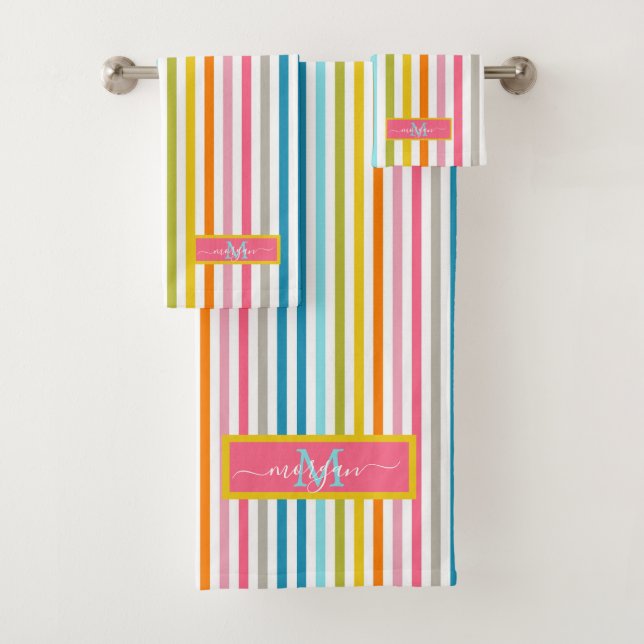 Summer Rainbow Stripes Monogram Script Bath Towel Set (Insitu)
