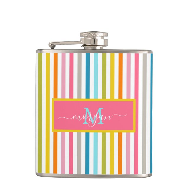 Summer Rainbow Stripes Monogram Script Flask (Front)