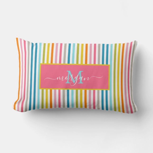 Summer Rainbow Stripes Monogram Script Lumbar Pillow (Front)