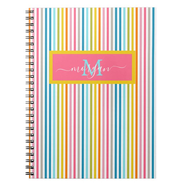 Summer Rainbow Stripes Monogram Script Notebook (Front)