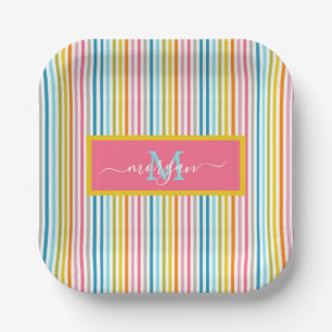 Summer Rainbow Stripes Monogram Script Paper Plates