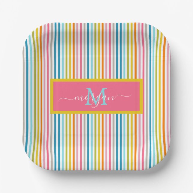 Summer Rainbow Stripes Monogram Script Paper Plates (Front)