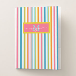 Summer Rainbow Stripes Monogram Script Pocket Folder