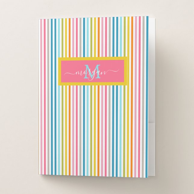 Summer Rainbow Stripes Monogram Script Pocket Folder (Front)