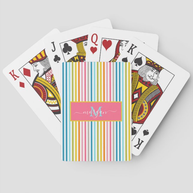 Summer Rainbow Stripes Monogram Script Poker Cards (Back)