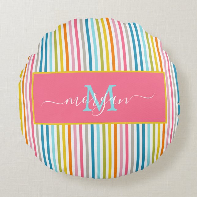 Summer Rainbow Stripes Monogram Script Round Pillow (Front)