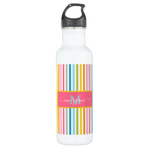 Summer Rainbow Stripes Monogram Script Stainless Steel Water Bottle