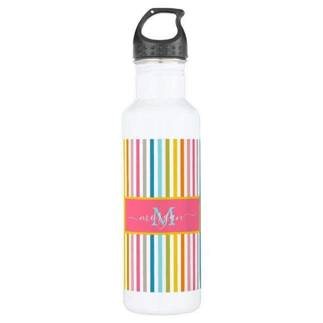 Summer Rainbow Stripes Monogram Script Stainless Steel Water Bottle (Front)