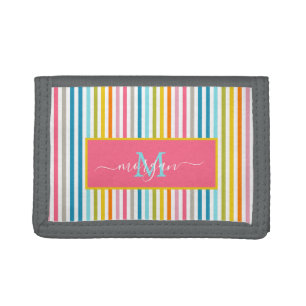 Summer Rainbow Stripes Monogram Script Tri-fold Wallet
