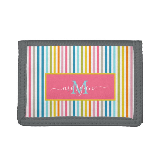 Summer Rainbow Stripes Monogram Script Tri-fold Wallet (Front)
