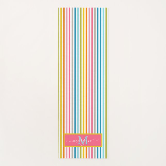 Summer Rainbow Stripes Monogram Script Yoga Mat (Front)