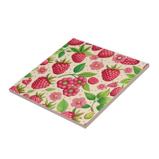 Summer Raspberry Garden Botanical Fruit Pattern Ceramic Tile