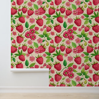 Summer Raspberry Garden Botanical Fruit Pattern Wallpaper