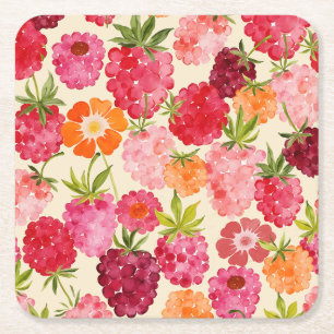 Summer Raspberry Watercolor Coquette Square Paper Coaster