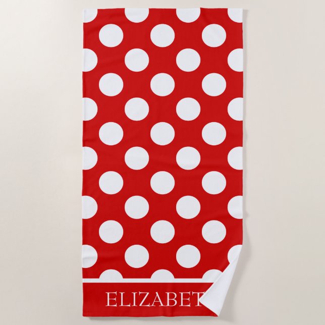 Summer Red and White Polka Dot Personalized Beach Towel (Front)
