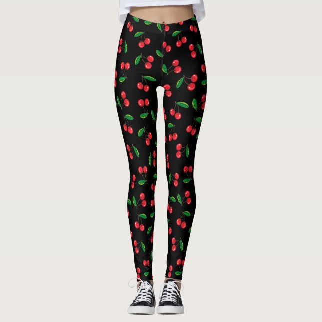 Summer Red Cherries on Black Fruit Patterned Leggings (Front)