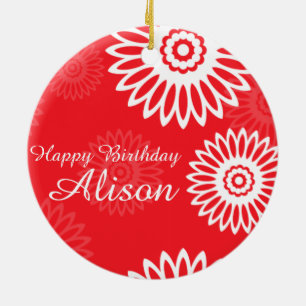 Summer Red flowers Happy Birthday Name Ornament