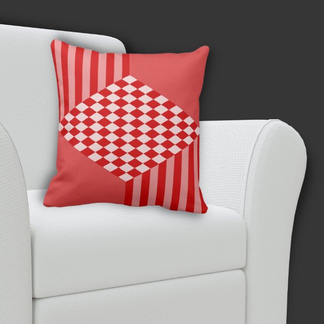 Summer Red  Geometric Stripes Diamond Checkers Throw Pillow (Centered Diamond Pattern Red Pillow)