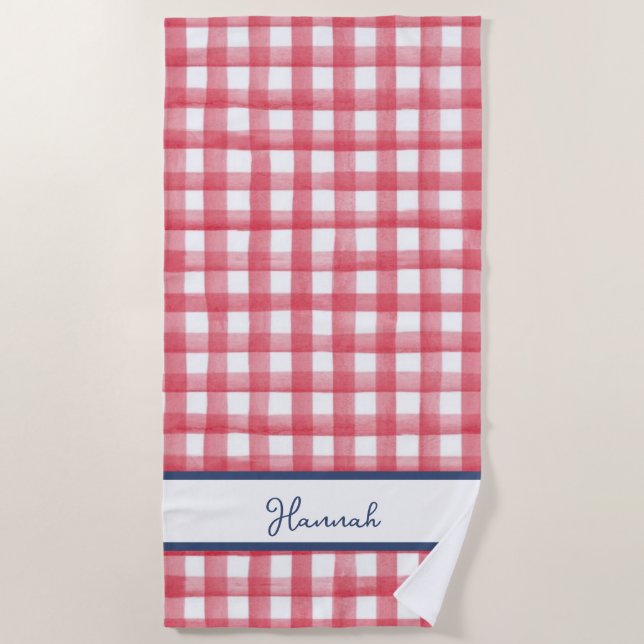 Summer Red Gingham, Checkered July 4th Beach Towel (Front)